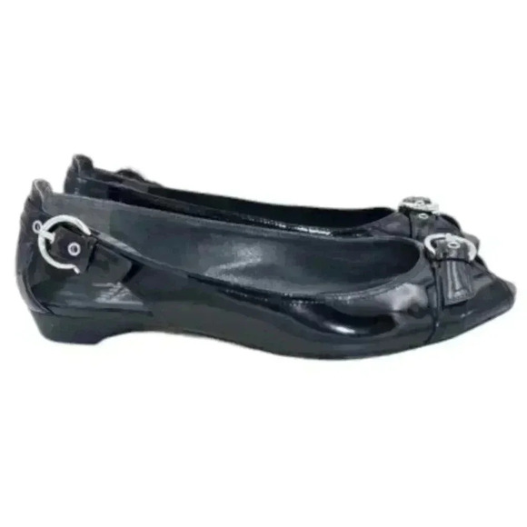 Stuart Weitzman Chit  Chat Flats Peep Toe Patent Leather Black Silver Women's 9 - Picture 3 of 16